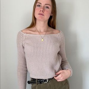 Blush colored off the shoulder sweater